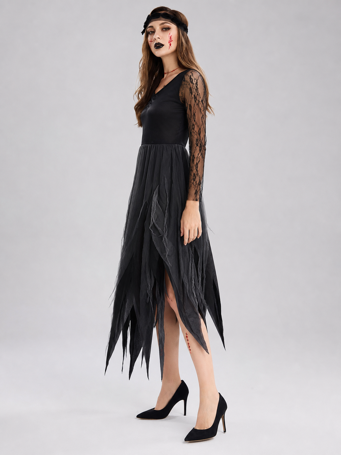 Gothic Cosplay Dress with a Torn Skirt