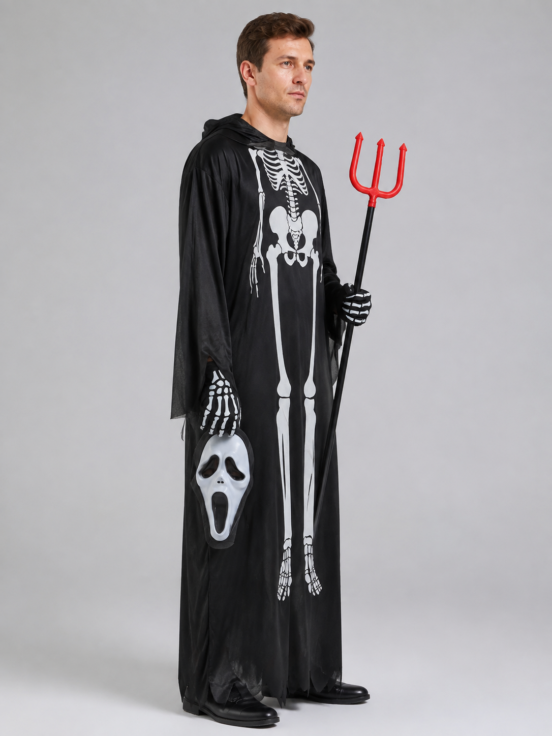 Skeleton robe costume with mask and trident side view