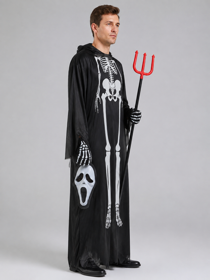 Skeleton robe costume with mask and trident side view