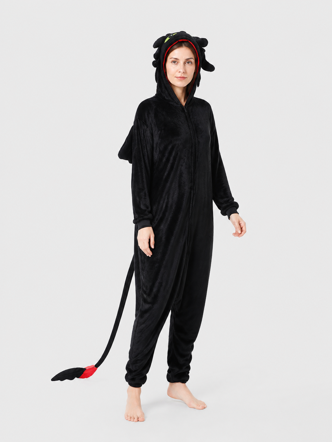Black Flannel Kigurumi Pajama Jumpsuit with Hood side view