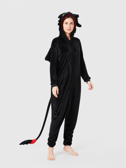 Black Flannel Kigurumi Pajama Jumpsuit with Hood side view