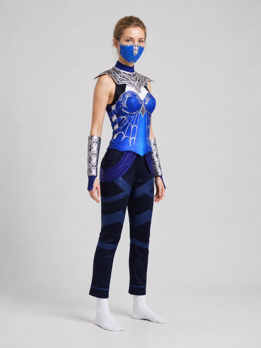Kitana Cosplay Costume, Top, Pants, and Mask side view