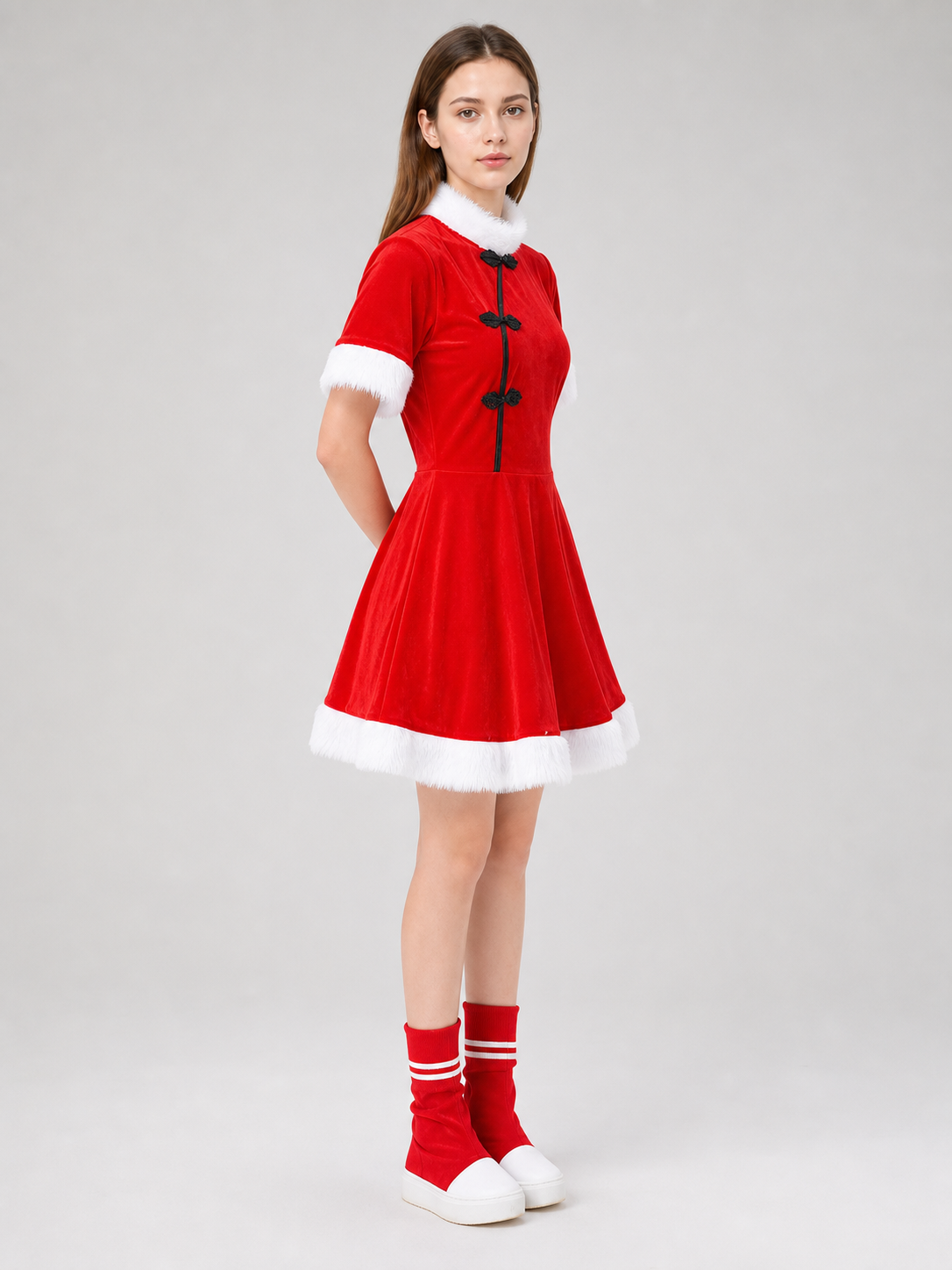 Bright festive dress in Chinese style with a cape