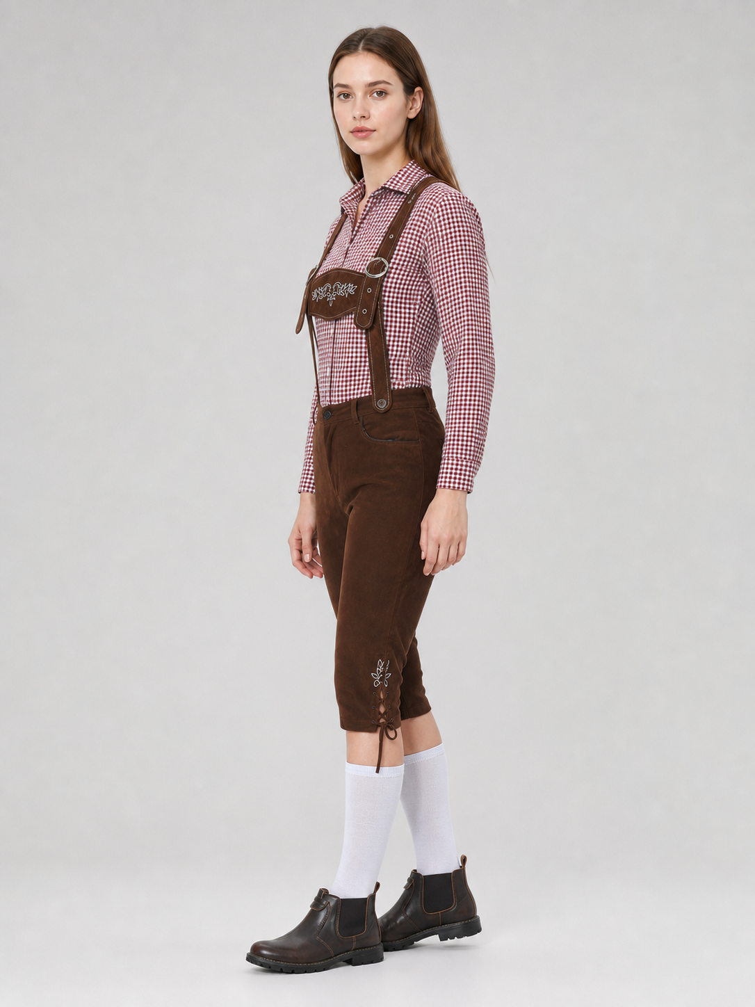 Historical Costume with Suspenders, Shirt, and Hat side view
