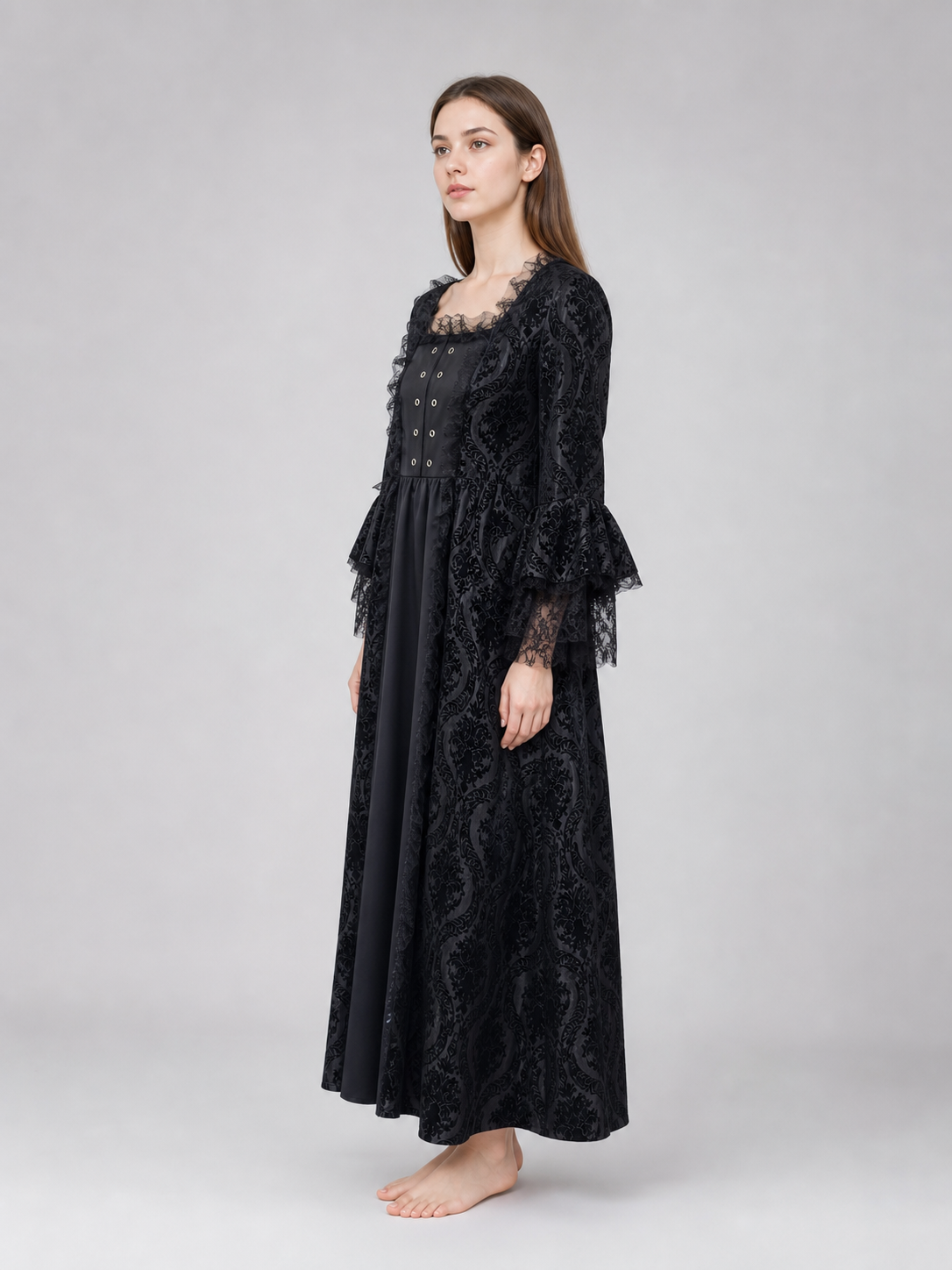 Gothic Vintage Maxi Dress with Lace Trim