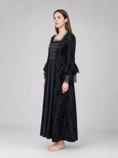 Gothic Vintage Maxi Dress with Lace Trim