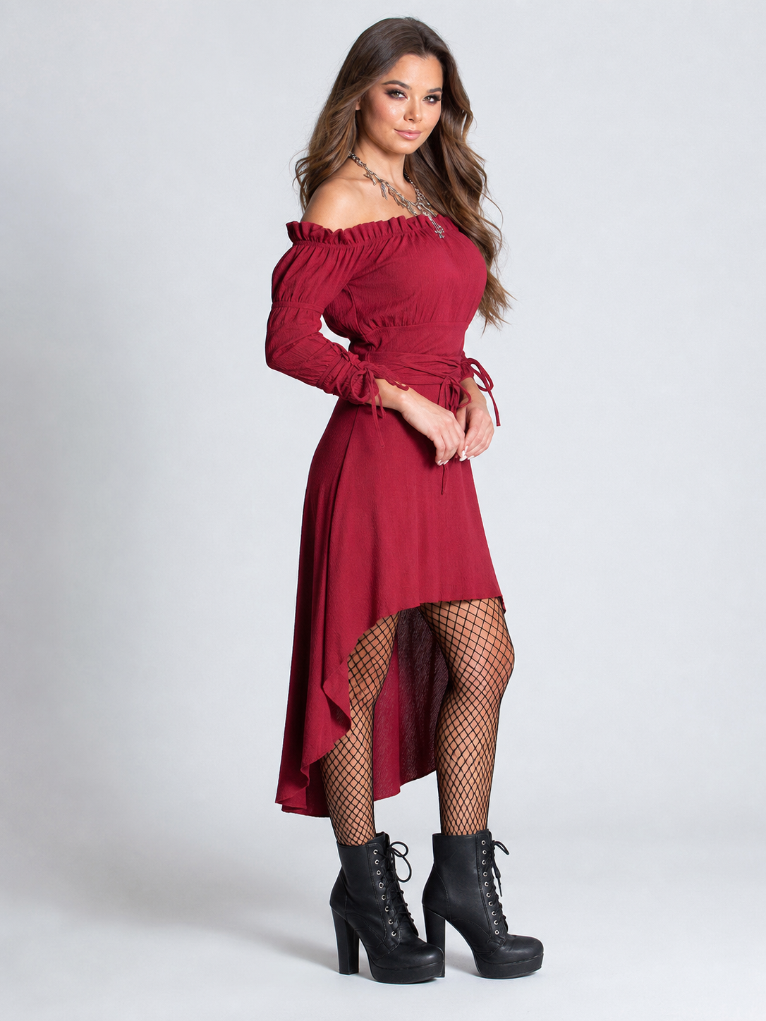 Burgundy Asymmetrical Off-the-Shoulder Dress