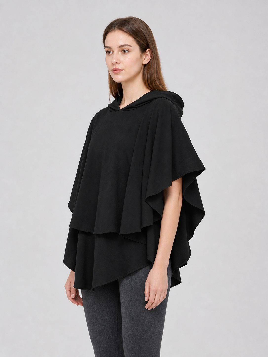 Women's Gothic Hooded Cape Cloak for Halloween Cosplay, Black Flowing Draped