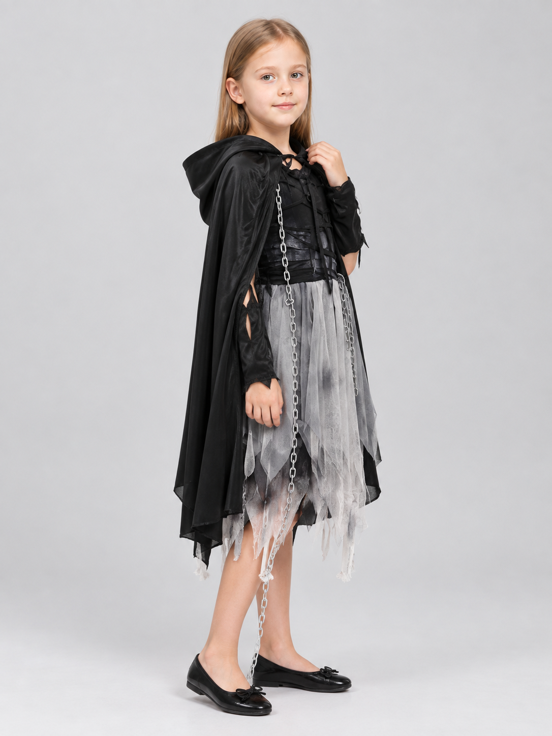 Carnival Costume with Black Cape, Dress, and Chain