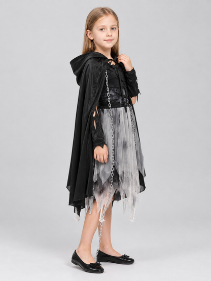 Carnival Costume with Black Cape, Dress, and Chain