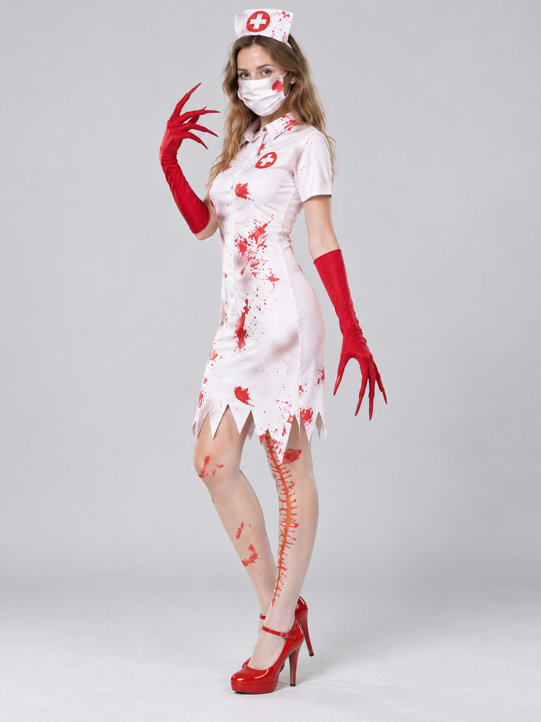 Halloween Nurse Costume with Cross, Mask, and Gloves