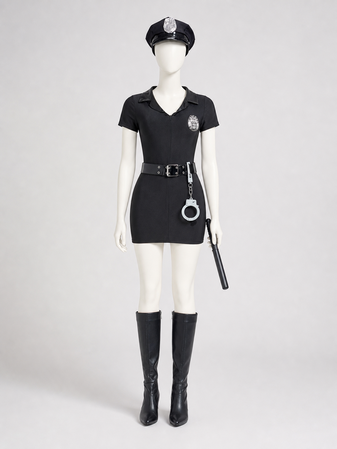 Black police costume with a peaked cap and accessories