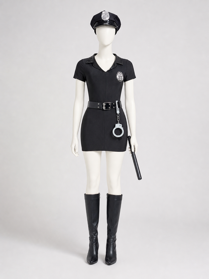 Black police costume with a peaked cap and accessories