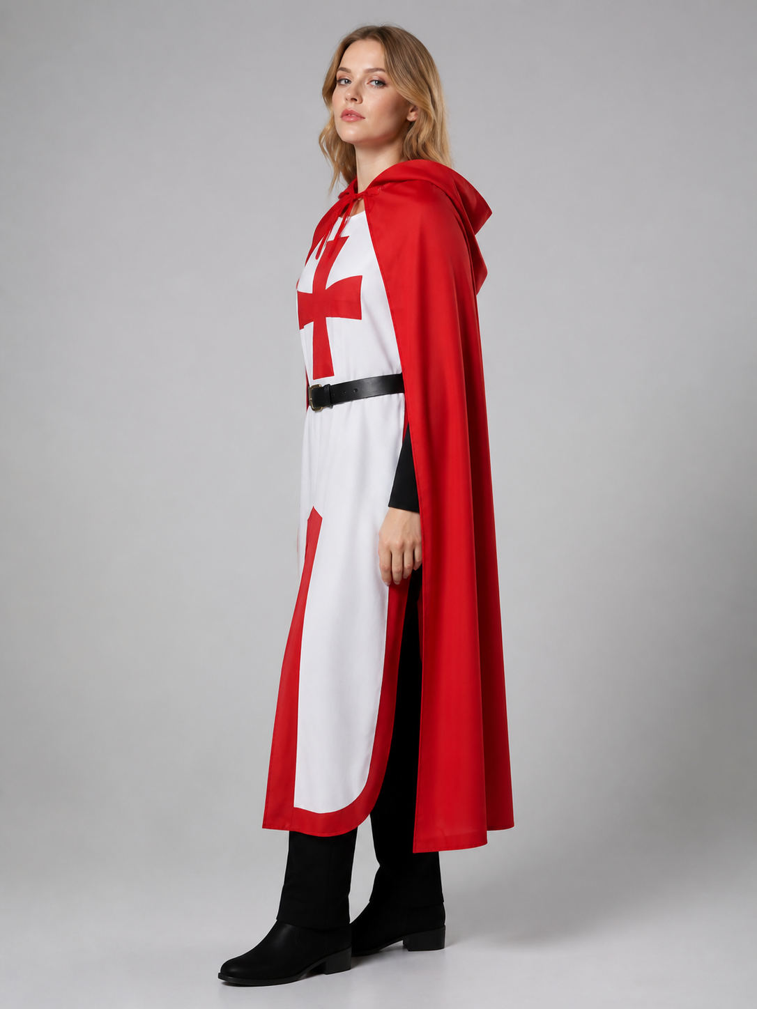 Hooded Knight Costume with Red Cape side view