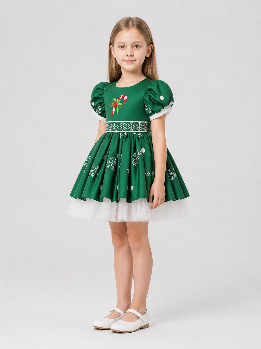 Children’s New Year’s dress with snowflakes and a full skirt side view