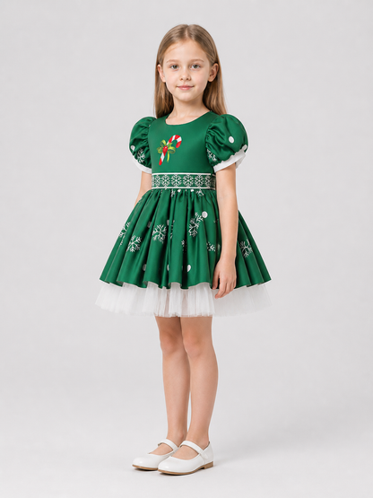 Children’s New Year’s dress with snowflakes and a full skirt side view