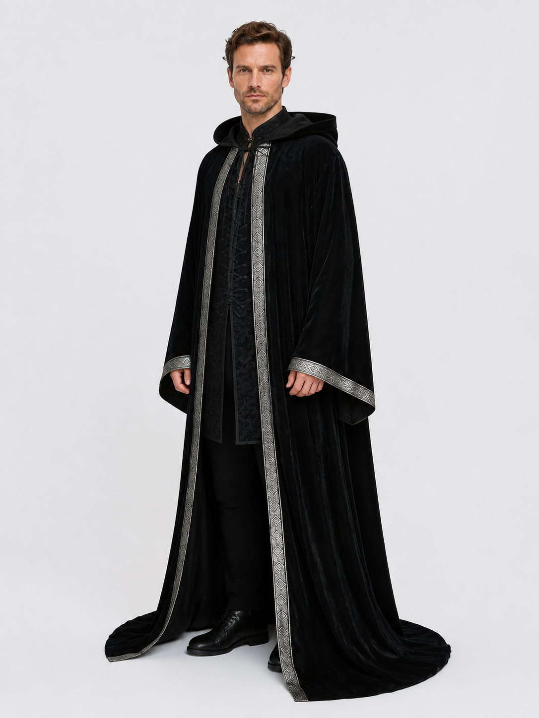 Gothic Black Hooded Cloak Cape with Ornament side view