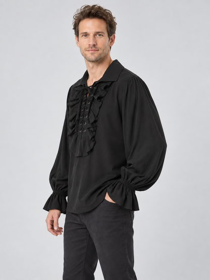 Black Gothic Medieval Shirt with Lacing and Ruffles