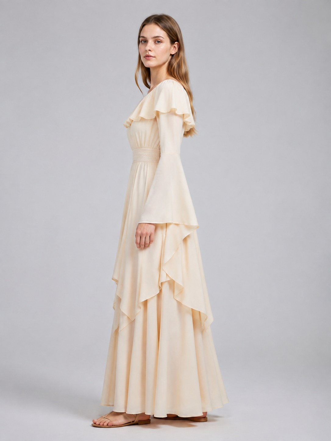 Long Cream A-Line Dress with Tiered Ruffles side view