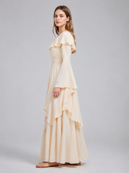 Long Cream A-Line Dress with Tiered Ruffles side view