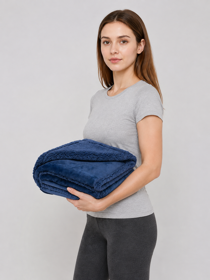 dark blue waterproof_reversible_sherpa_flannel_pet_blanket product image 5