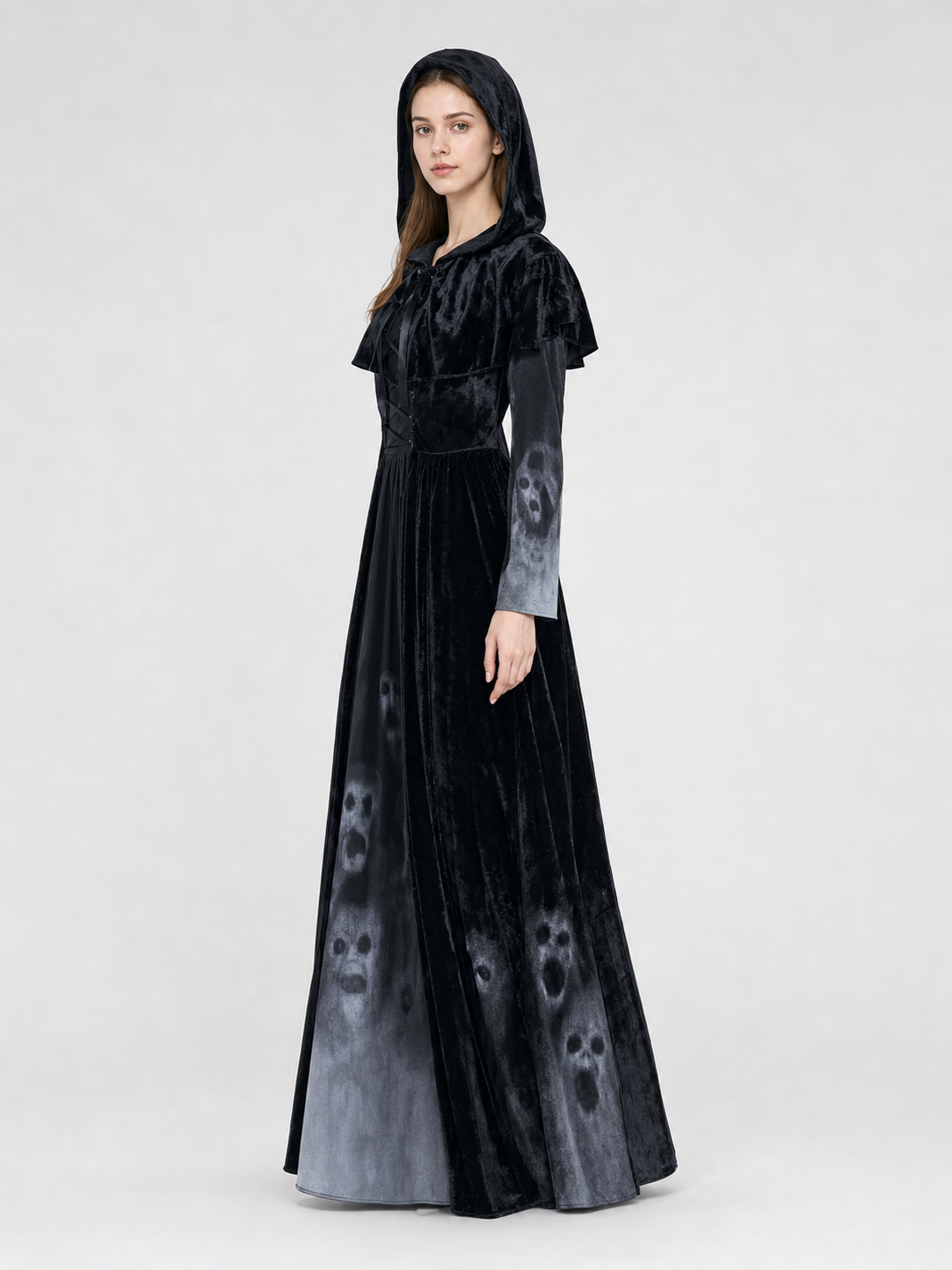 Gothic Hooded Floor-Length Dress with Skull Print side view 2