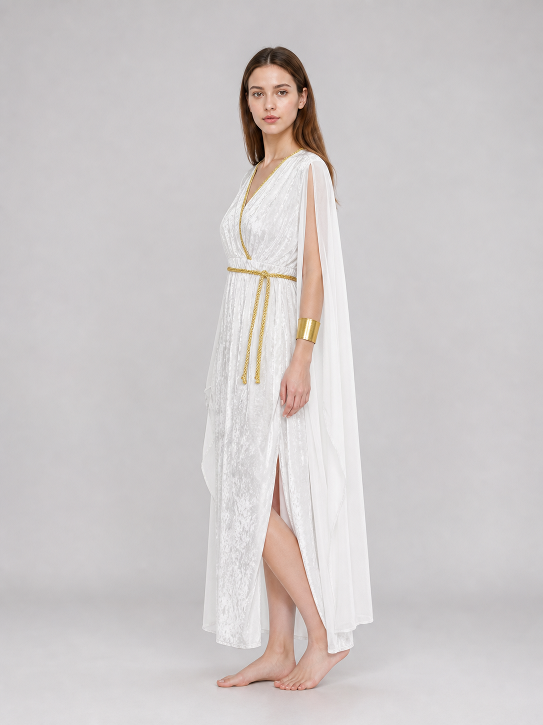 Women’s Greek Goddess Costume Dress, 4-Piece White Draped Outfit with Cape Panels, Leaf Crown Headband and Gold Wrist Cuffs for Cosplay Parties