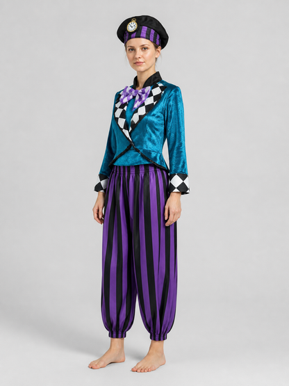 Fantasy Carnival Costume with Hat and Striped Pants side view