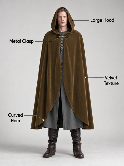 Medieval Fantasy Long Hooded Cloak with Oversized Hood, Flared Open Front Cape for Cosplay Costume Parties and Themed Events