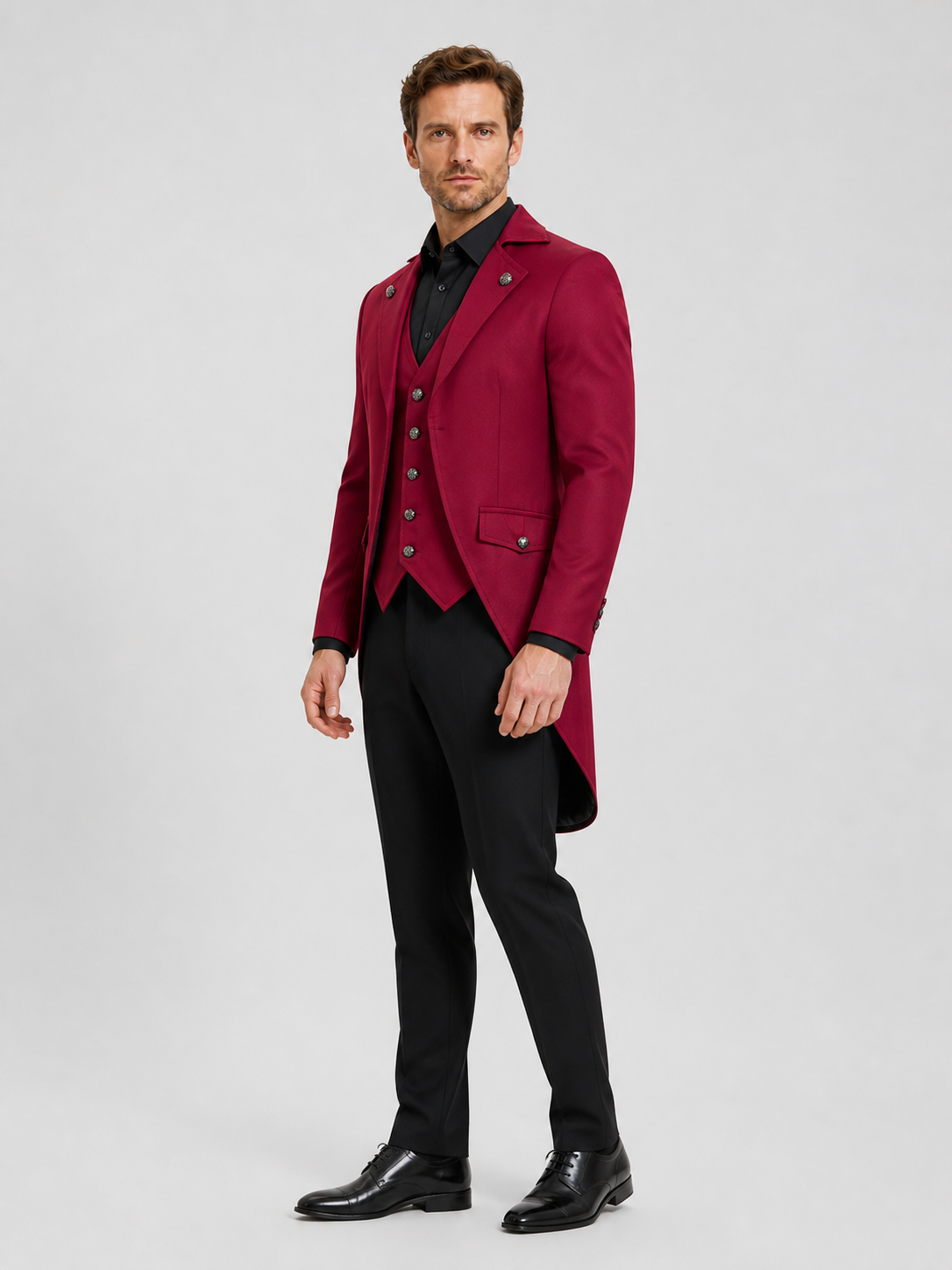 Stage Tailcoat for Halloween and Cosplay, Wine and Black side view