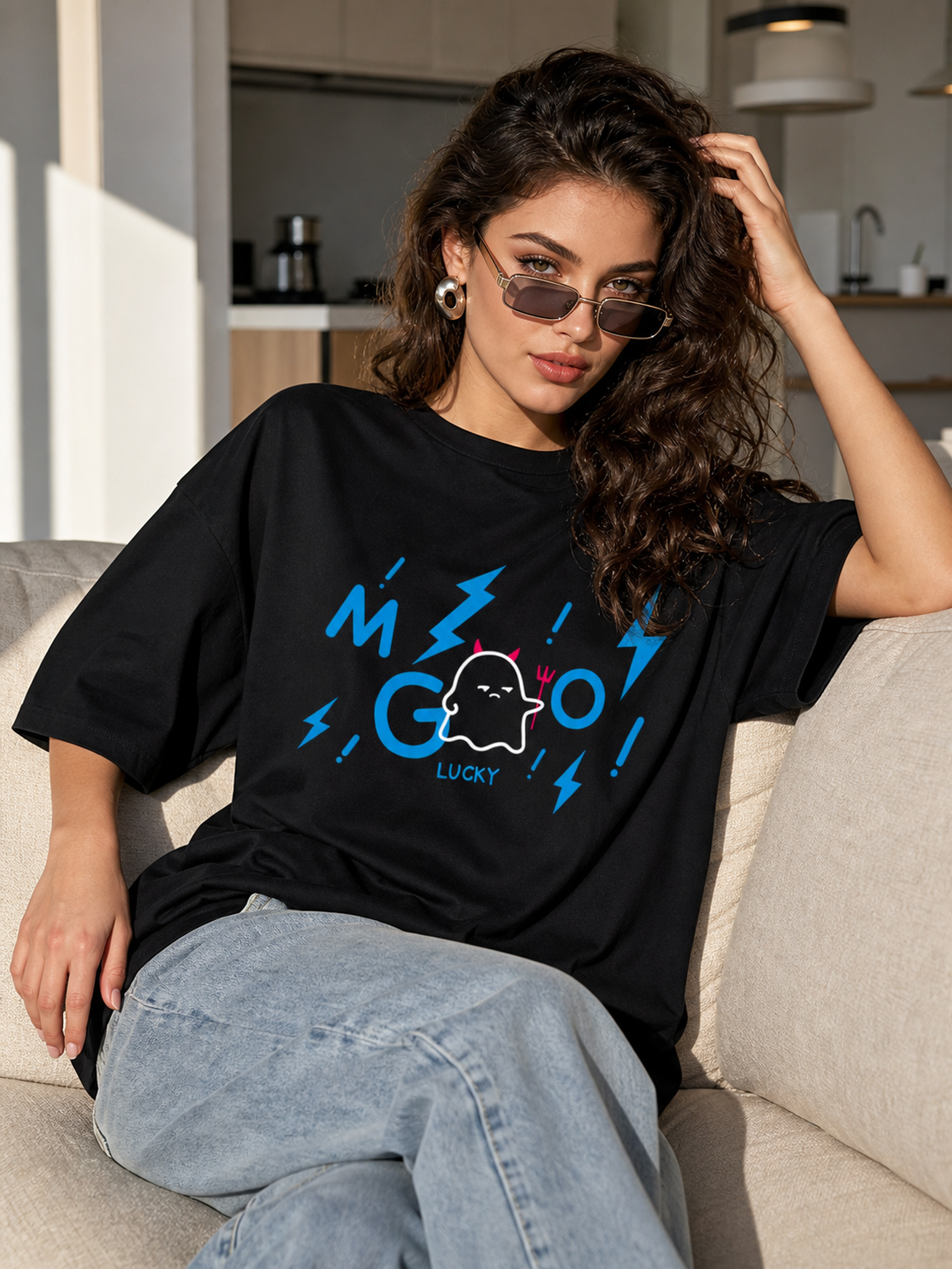 Women’s black printed T-shirt, loose fit, summer