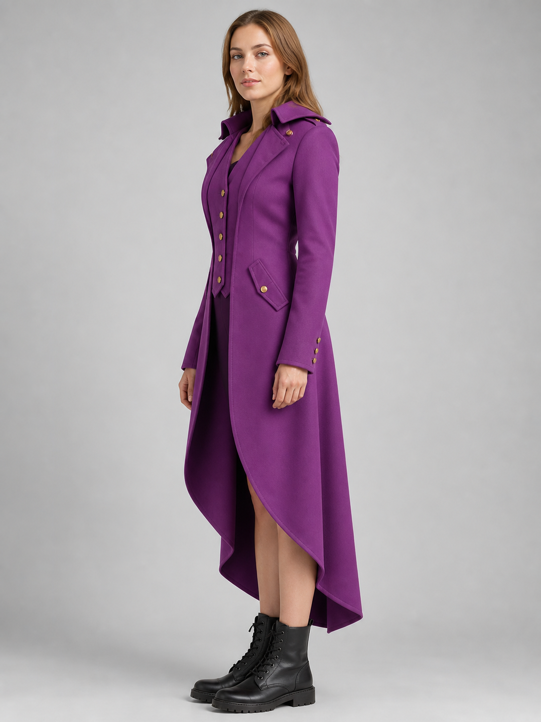 Purple carnival tailcoat with gold buttons