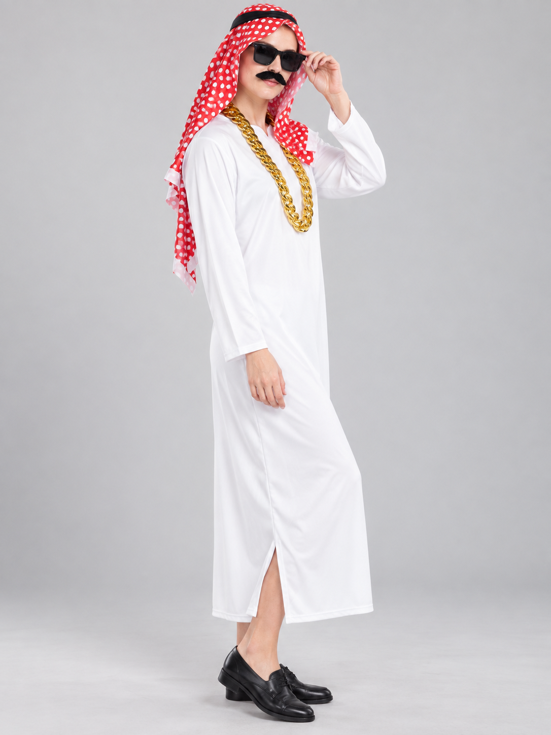 Costume with White Robe, Headscarf, Glasses, and Chain side view