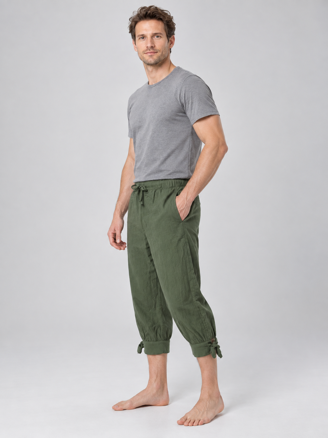 Olive Loose 7/8 Capri Pants with Drawstring and Pockets