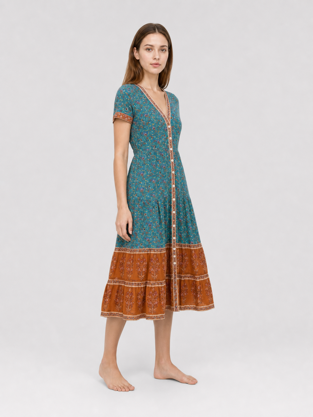 Printed Midi Dress with Short Sleeves