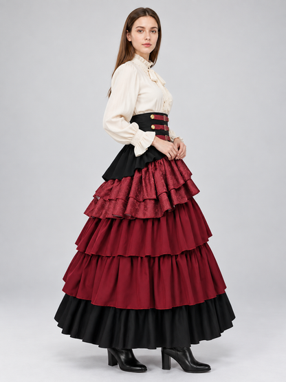 Burgundy-and-Black Tiered Skirt with Straps side view