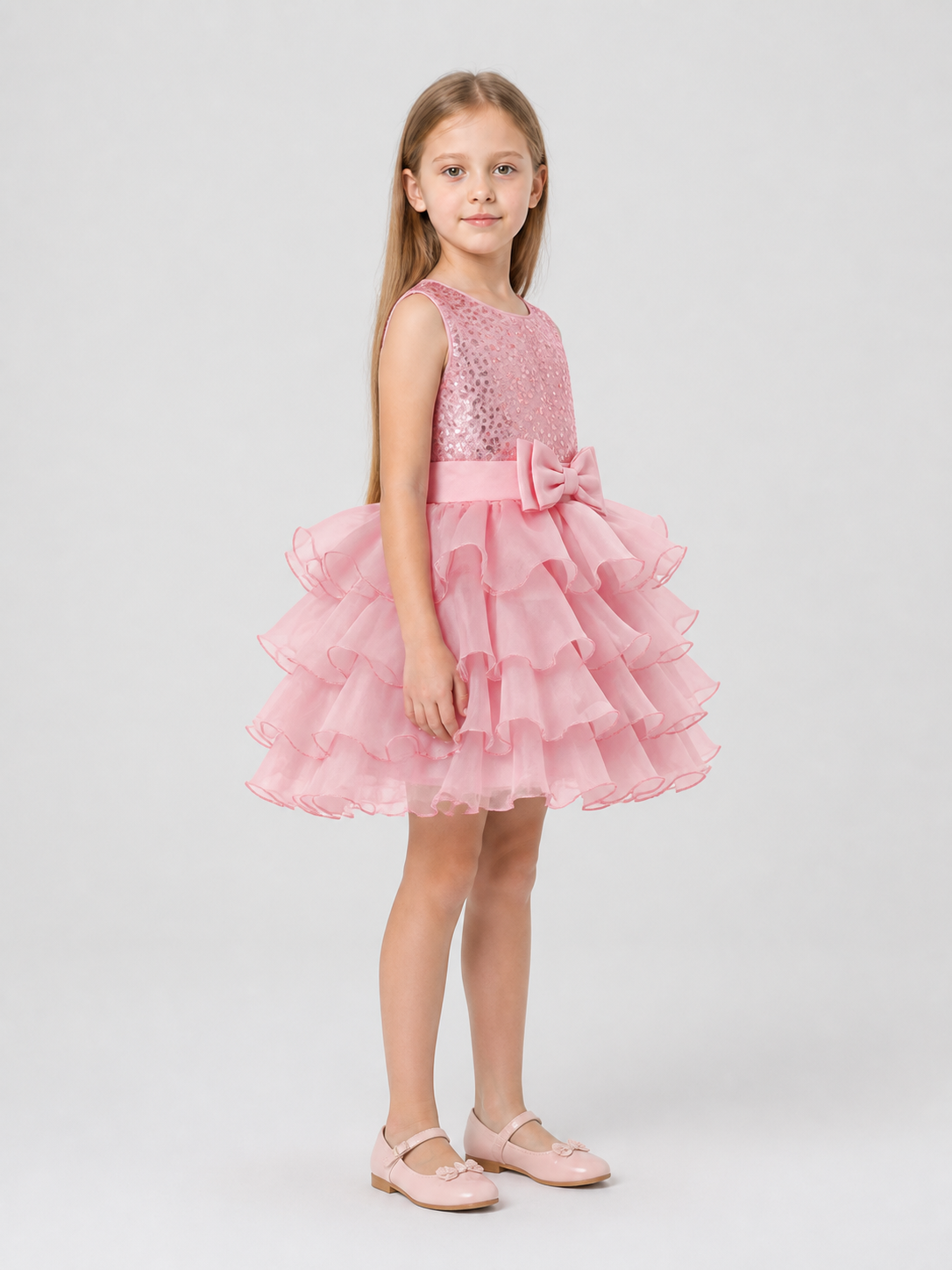 Full Sequin Dress with Bow and Layered Mesh side view