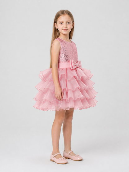 Full Sequin Dress with Bow and Layered Mesh side view