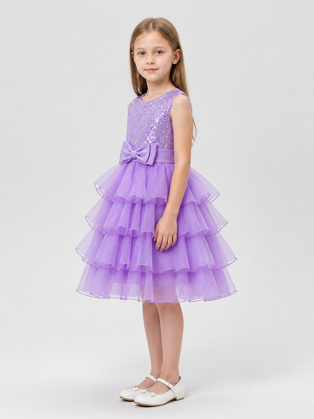 Princess Dress with Sequins, Bow, and Full Skirt side view