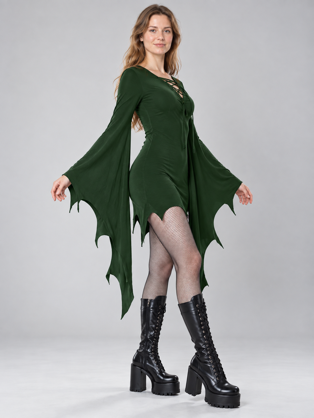Gothic-Style Dress Suit, Dark Green with Lacing
