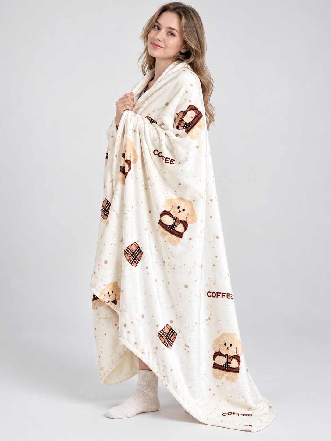 Throw Blanket with Dog and Coffee Cup Pattern