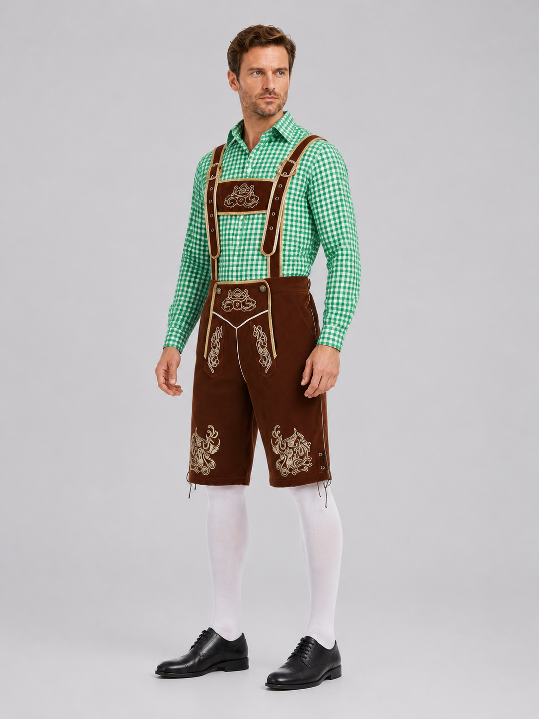 Bavarian Costume: Plaid Shirt, Embroidered Shorts side view