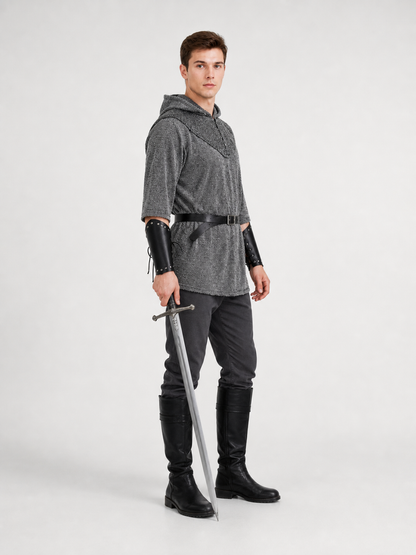 The costume is designed in the style of a medieval knight and is suitable for cosplay and stage performances. The set includes a gray hooded top with a layered front design, black pants, a belt, bracers, and greaves. The gray-and-black colo