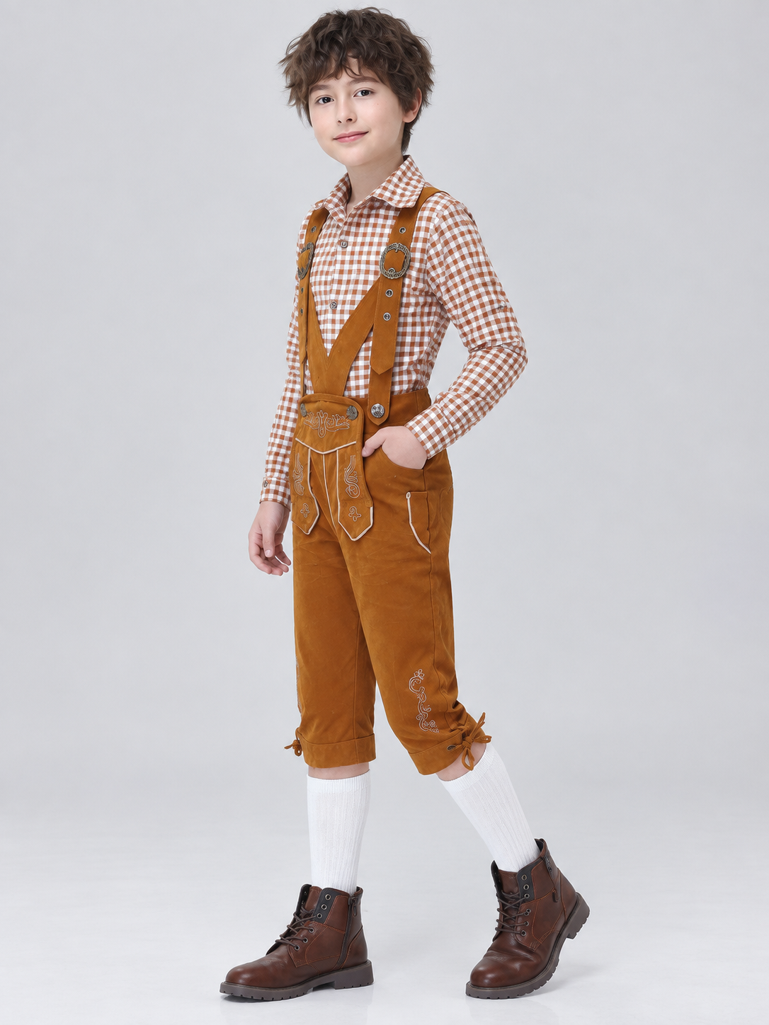 Kids' Plaid Bavarian-Style Costume with Embroidery
