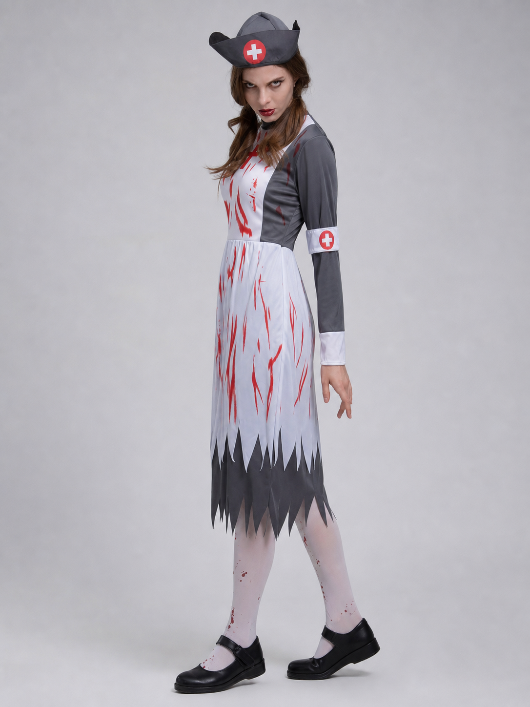 Nurse Costume with Red Crosses and Blood-Like Prints