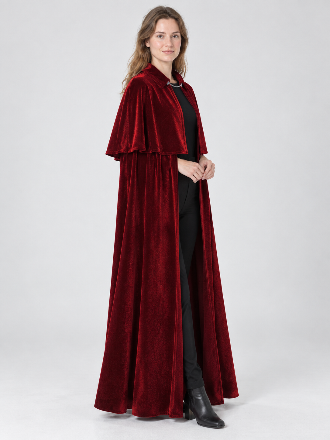 Burgundy Velvet Cloak with Capelet and Chain