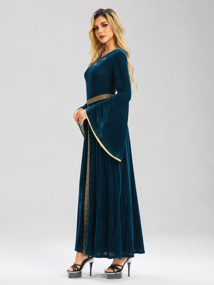 Blue Carnival Velour Dress with Gold-Tone Trim side view