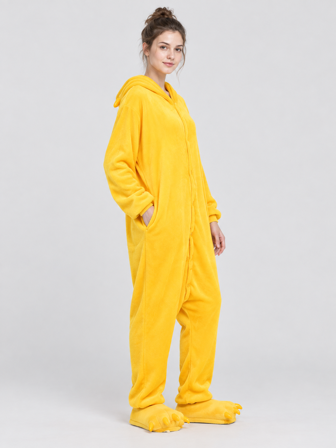 Yellow Fleece Hooded Pajama Jumpsuit with Pockets
