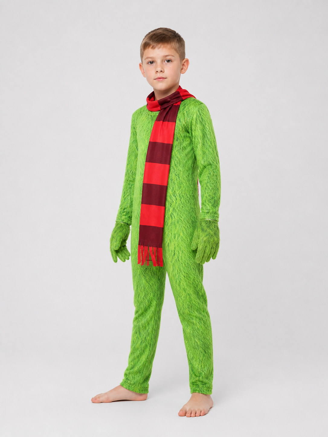 Grinch Carnival Costume: Green Jumpsuit with Scarf side view