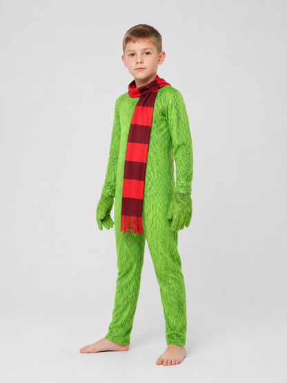 Grinch Carnival Costume: Green Jumpsuit with Scarf side view